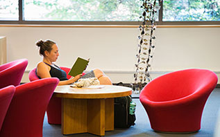 Student studying in red chair in Hillyer Art Library
