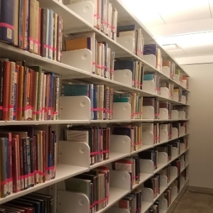 books on metal shelves in the Neilson Library