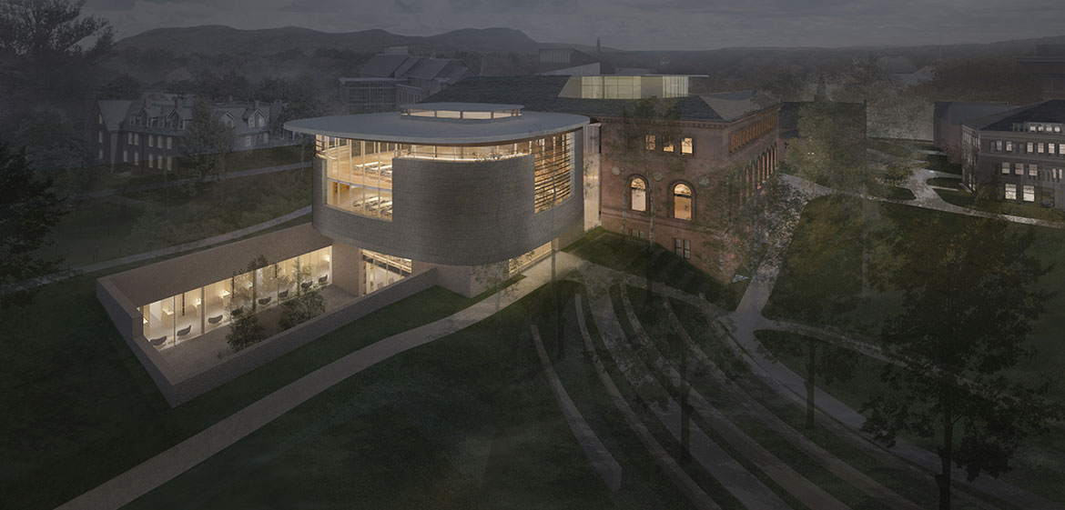 New Neilson Library sunken courtyard and north jewel box at night