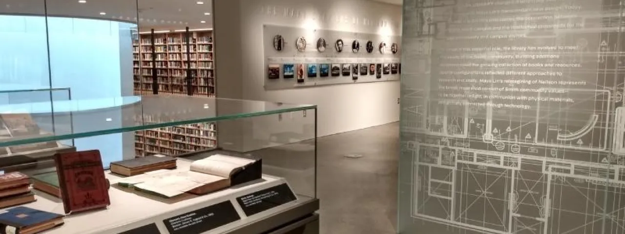 books in a display case