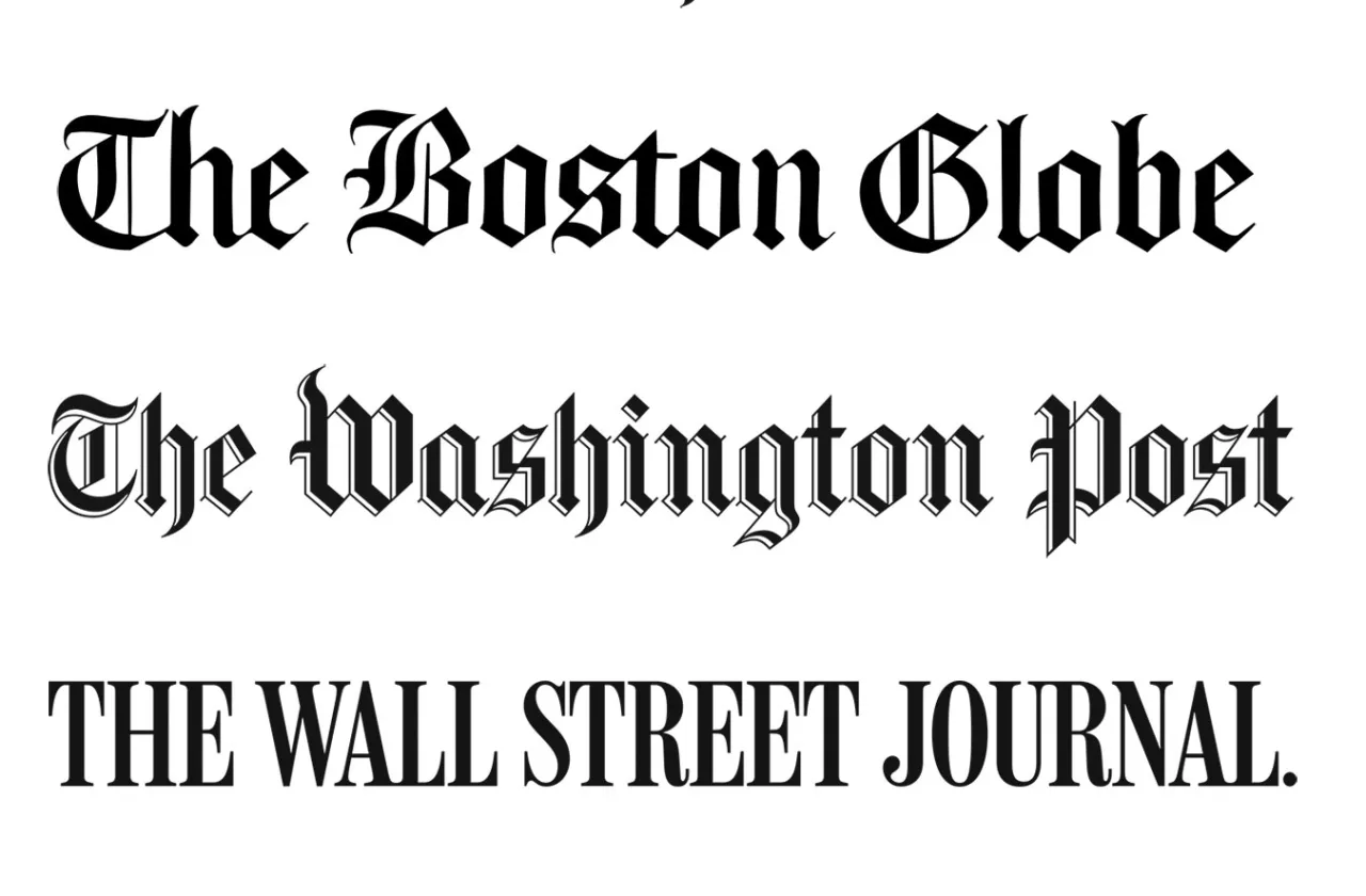 Newspaper logos, New York Times, Boston Globe, Washington Post, Wall Street Journal, Financial Times