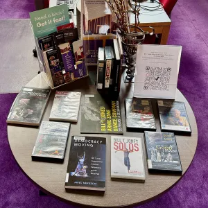 Display of books and videos about and with works by Bill T. Jones