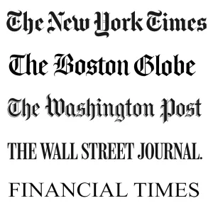 Newspaper logos, New York Times, Boston Globe, Washington Post, Wall Street Journal, Financial Times