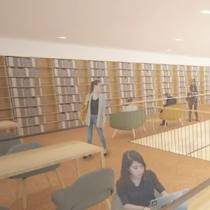 Rendering of the Learning Commons mezzanine in New Neilson Library
