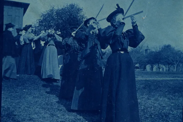 Smith students taking the noon altitude in astronomy class, 1880s