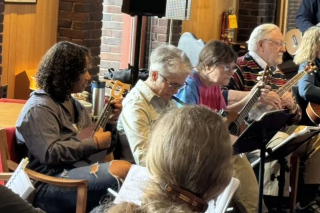 Ukulele rehearsal in Josten Library