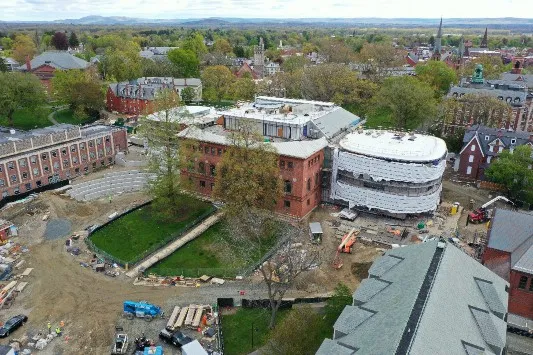 Drone image looking east showing the rooftop terrace