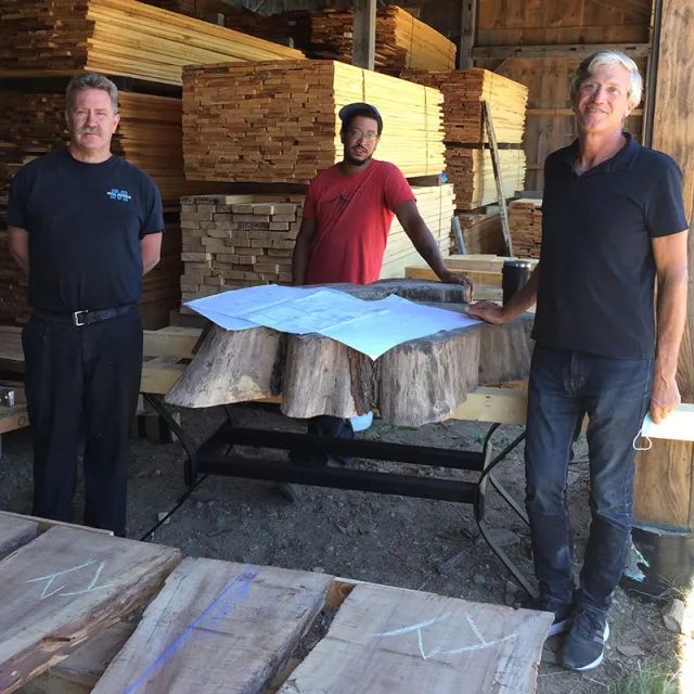 R-L: Architect Bill Bialosky, furniture craftsman Sam French, and metal base fabricator Bruce Golinski.