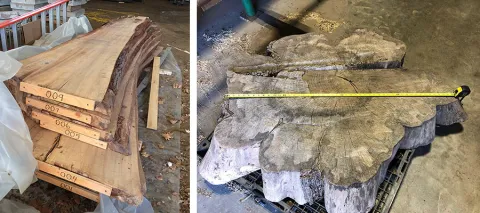 Left: wood slabs cut from the elm tree. Right: the wood piece that will form the cookie table.