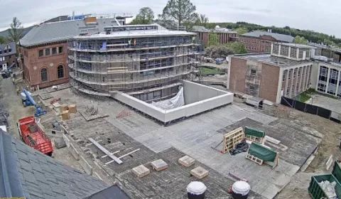 Aerial view of the north wing of Neilson Library under construction