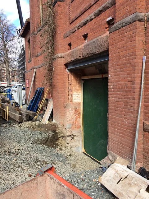 new opening cut into the exterior wall of Alumnae Gymnasium