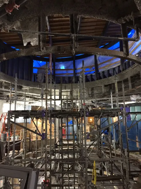This photo taken from the fourth floor reading room shows the staging assembly nearly complete