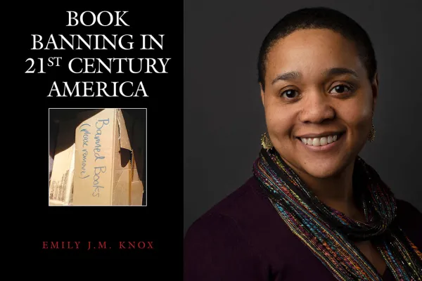 Author Emily Knox '98 and book cover "Book Banning in 21st Century America"