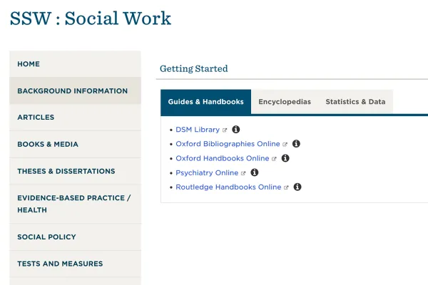 Screenshot of the Social Work Subject page