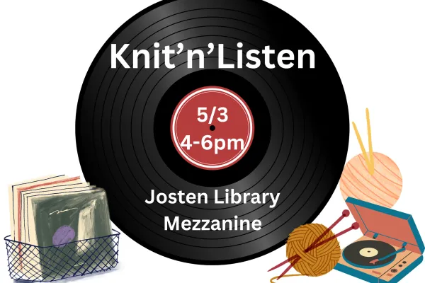 Poster: Knit n' Listen Josten Library May 3, 2024