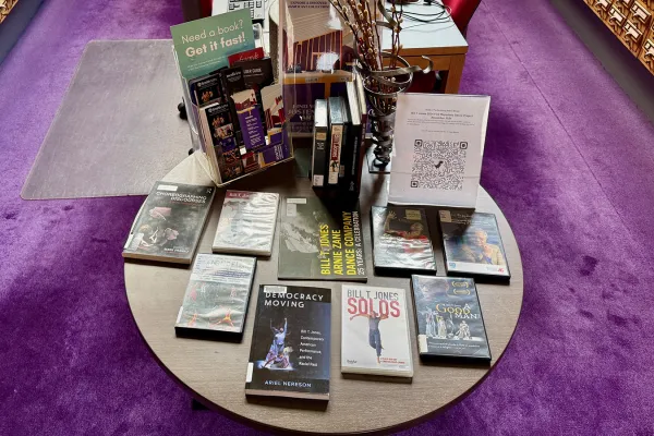 Display of books and videos about and with works by Bill T. Jones