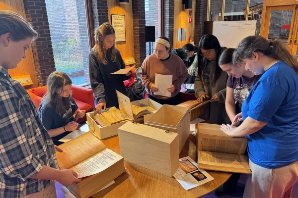Students working with facsimiles in Josten Library