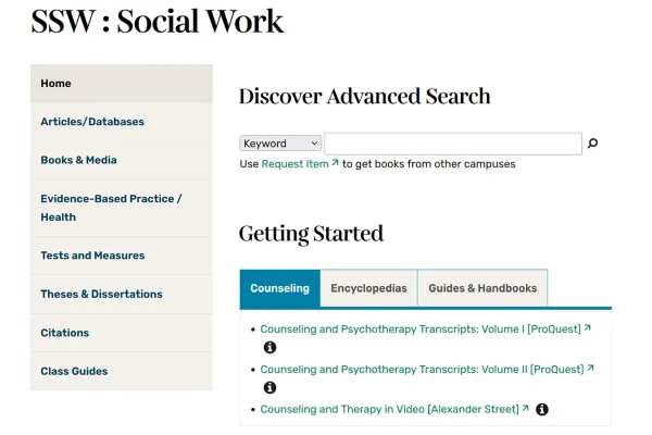 Screenshot of Social Work subject guide 2025