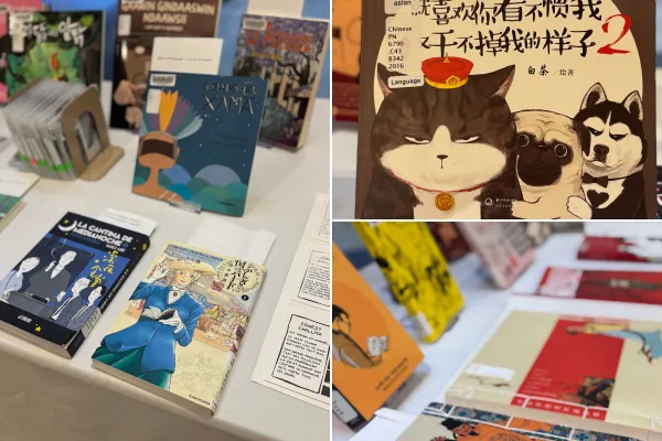 Collage of graphic novels on display
