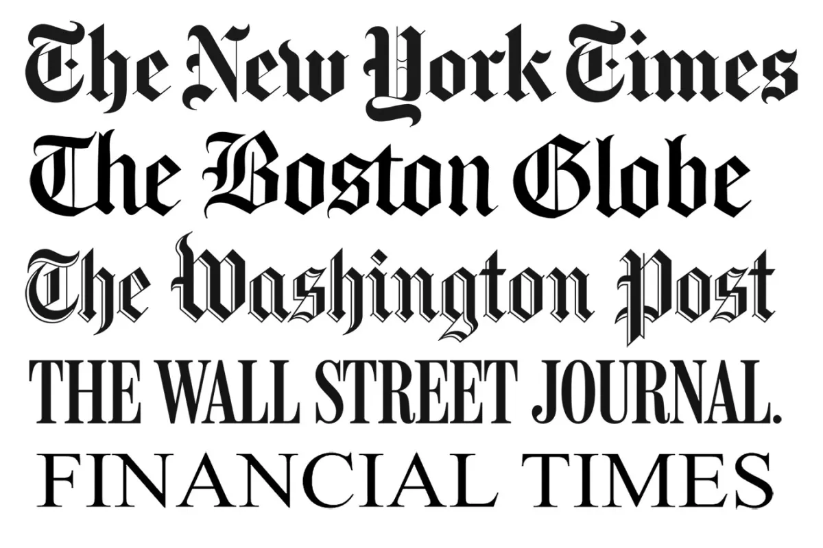 Newspaper logos, New York Times, Boston Globe, Washington Post, Wall Street Journal, Financial Times