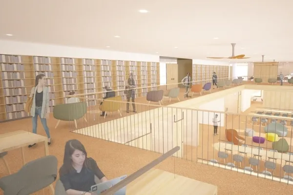 Rendering of the Learning Commons mezzanine in New Neilson Library