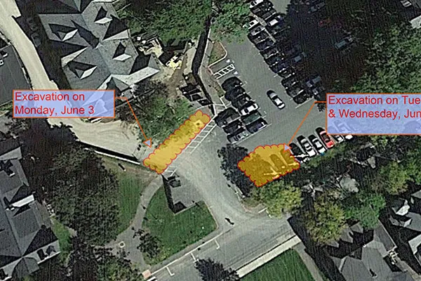Aerial view of work in Dickinson Parking Lot June 3-6, 2019