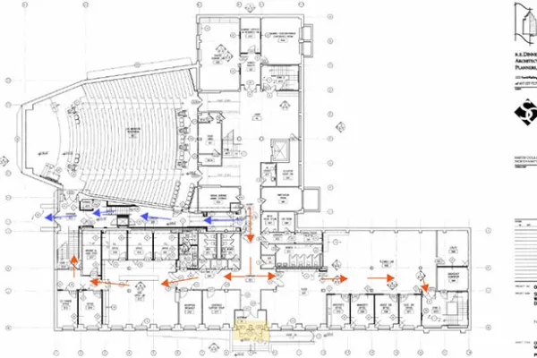 Floor plan of Wright Hall showing exit paths