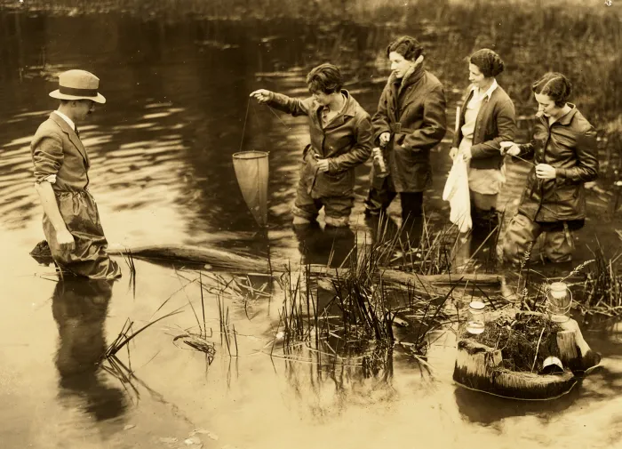 Students in ecology class at a collecting trip to Lake Bray with Professor Ernest Driver