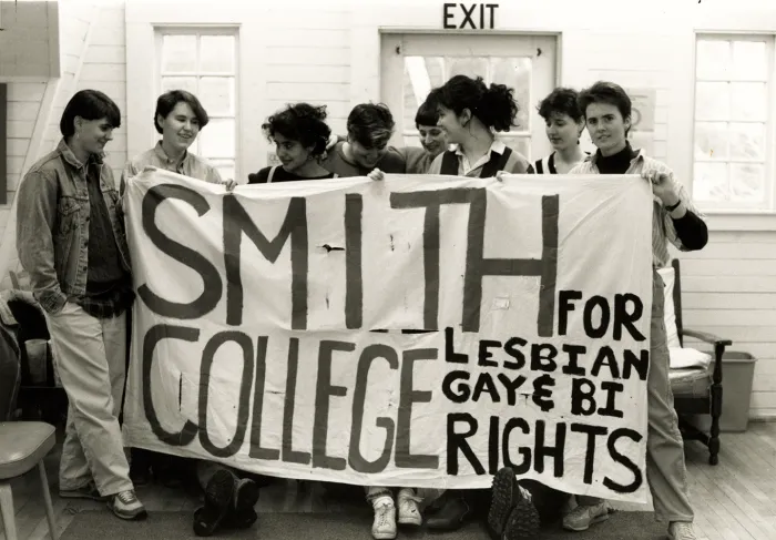 Members of the Lesbian Alliance with their banner for the March on Washington for Lesbian and Gay Rights, 1987