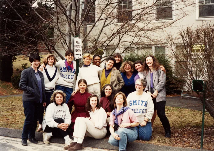 Ada Comstock Scholars standing together near the Ada Comstock Center, 1992