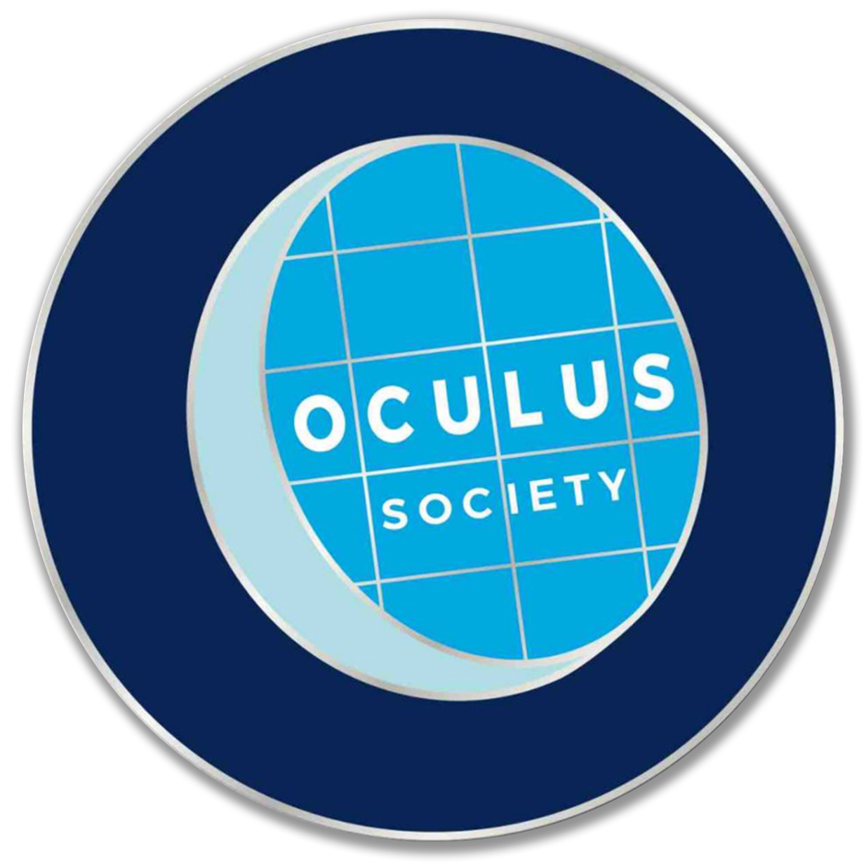 blue and silver pin with the word "oculus society"