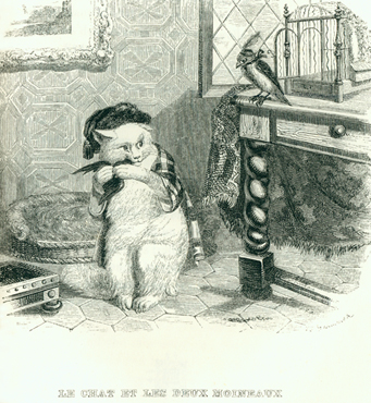 J. J. Grandville, The cat and two minah birds